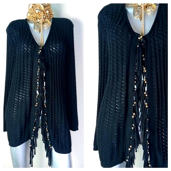 FRINGE & BEADS Open Front Boho "SAMANTHA GRAY" Loose Knit Cardigan - Picture 4 of 12